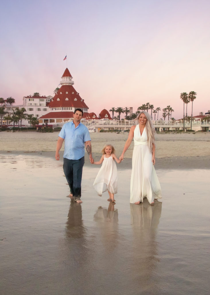 Family walking on the beach in Coronado with the Hotel Del in the background