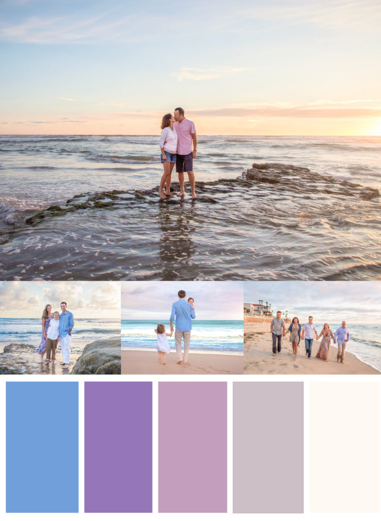 Blue, purple, pink and white beach outfits