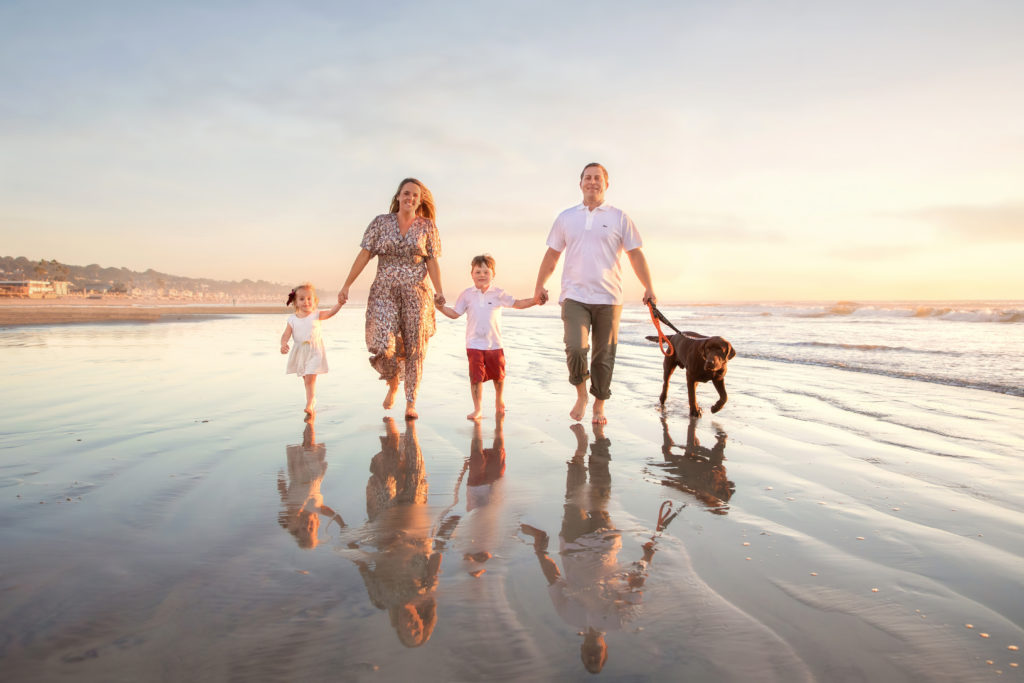 Family holding hands walking along the beach at sunset with their pet dog.