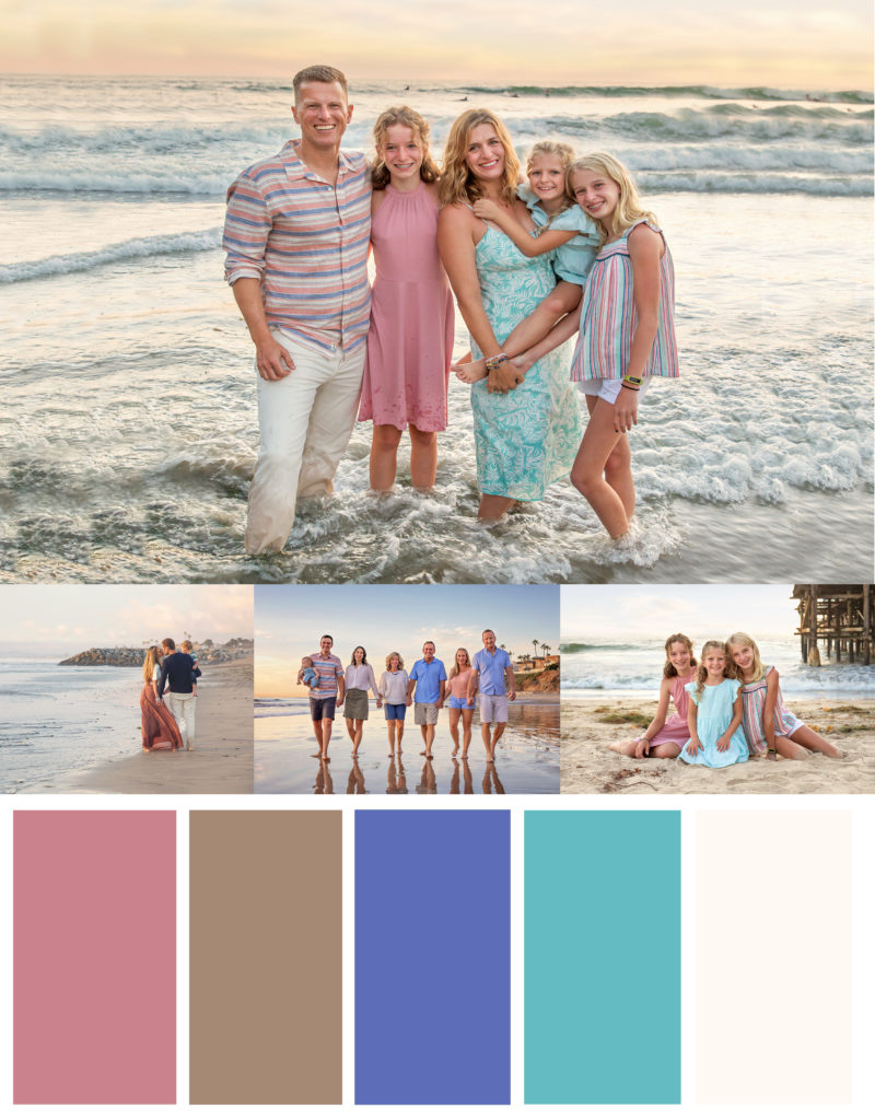 Terracotta, Khaki, Blues & Whites beach outfit color palette